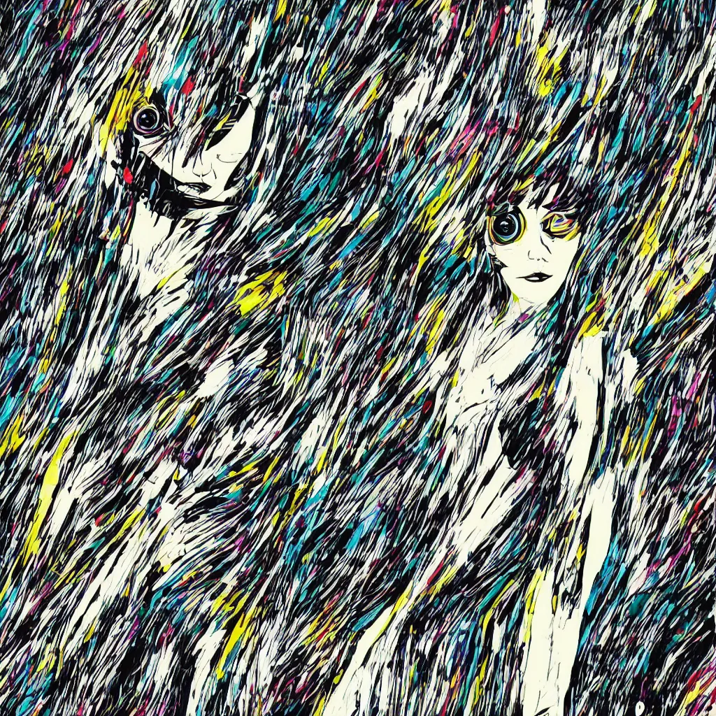 Image similar to french woman, abstract, jet set radio artwork, ryuta ueda artwork, cryptic, rips, spots, asymmetry, stipple, lines, glitches, color tearing, pitch bending, stripes, dark, ominous, eerie, hearts, minimal, points, technical, natsumi mukai artwrok, folds