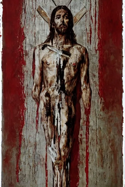 Image similar to bloody christ crucified on a very big mushroom painted in by cy twombly and andy warhol