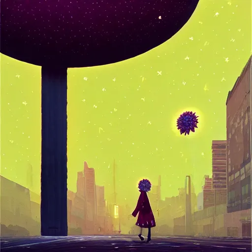 Prompt: giant daisy flower head, woman walking in a modern city, surreal photography, night sky, dark, stars, impressionist painting, digital painting, artstation, simon stalenhag