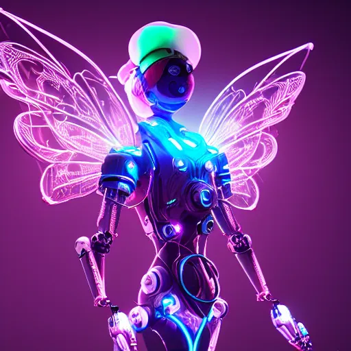 Image similar to A robotic fairy flying, neon, futuristic, intricate details, unreal engine , realistic