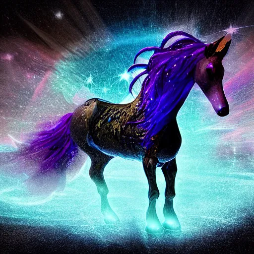 Prompt: cyber horse in the spirit realm, ice, cosmic, octane render, digital painting, award winning photograph