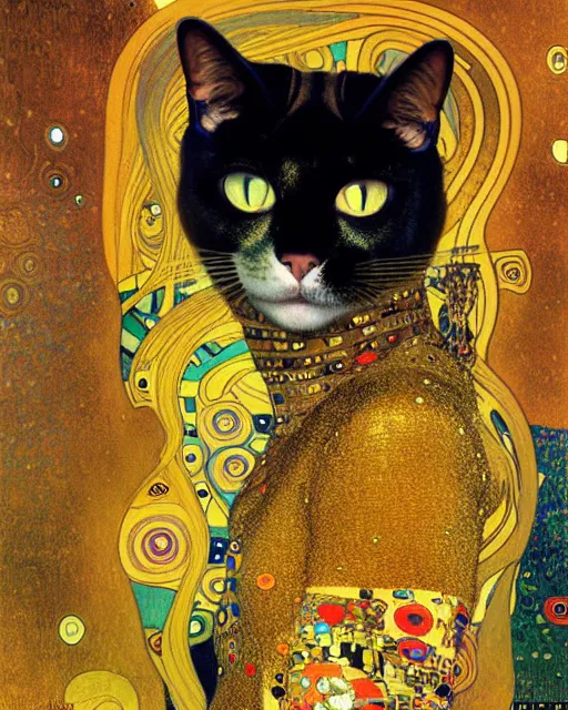 Image similar to burglar cat portrait an oil painting splashes with many colors and shapes by gustav klimt greg rutkowski and alphonse mucha, polycount, generative art, psychedelic, fractalism, glitch art