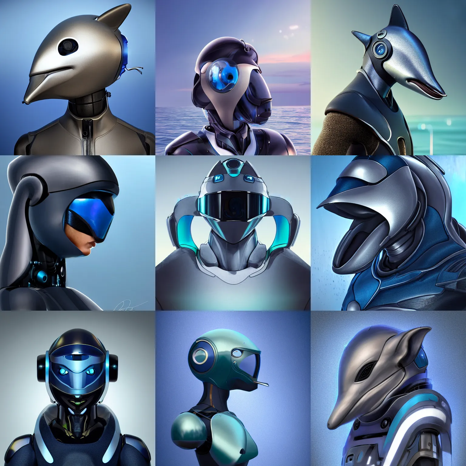 Prompt: very very beautiful furry art, bust profile picture of a male robotic anthro dolphin, synthetic cetacean hybrid android, face covered by opaque visor, bottlenose snout under visor, sleek round shapes, all dark blue metal, integrated design, commission on furaffinity, cgsociety, octane render, sea in background