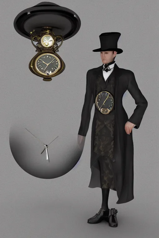 Prompt: a timekeeper with a pocket watch face. silk hat, full body, gothic, intricate, ornate, ultra realistic, unreal engine