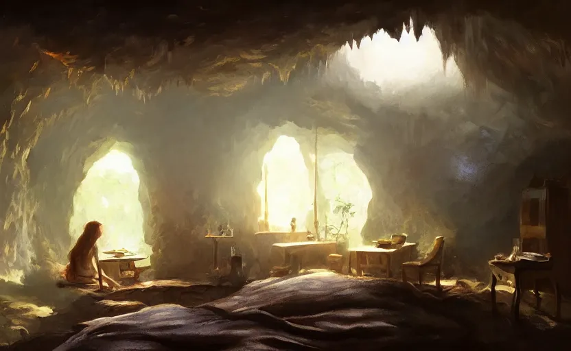 Image similar to painting of an interior of a cozy bedroom in a cave, small hot spring and lush garden outside, natural light, fantasy, natural light, concept art, by greg rutkowski and craig mullins, cozy atmospheric and cinematic lighting, trending on artstation