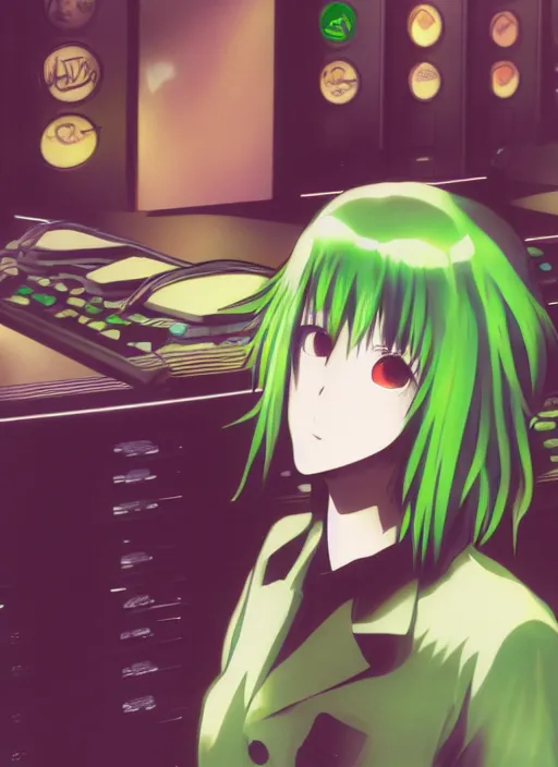 Image similar to shiki eiki, bobbed and bowl cut hair, green hair color, standing in a server room, wearing business casual dress, 4 k, vaporwave, cinecolor, bladerunner style