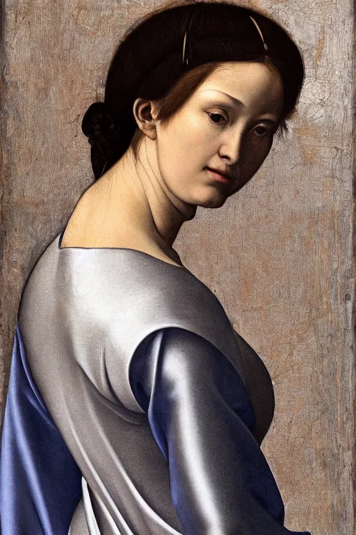 Image similar to hyper - realistic close - up portrait of a medieval female in the caravaggio style, pale skin, in a silver silk robe, blue palette