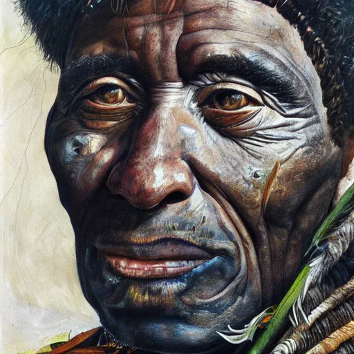 Prompt: high quality high detail painting by lucian freud, hd, portrait of a amazonian tribe leader, photorealistic lighting