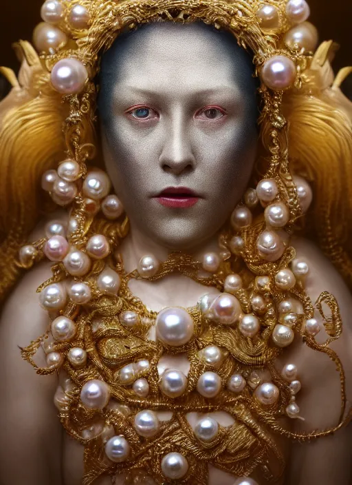 Image similar to hyperrealism, detailed textures, award winning autochrome pearl portrait photo, symetrical japanese pearl old screaming medusa queen autochrome pearl portrait, pearl silverplate, intricate, detailed facial pearl scary animal mask, pearl, golden jewelery, silverplate, ultra realistic, cinematic, intricate, cinematic light by steve mccurry, unreal engine 8 k