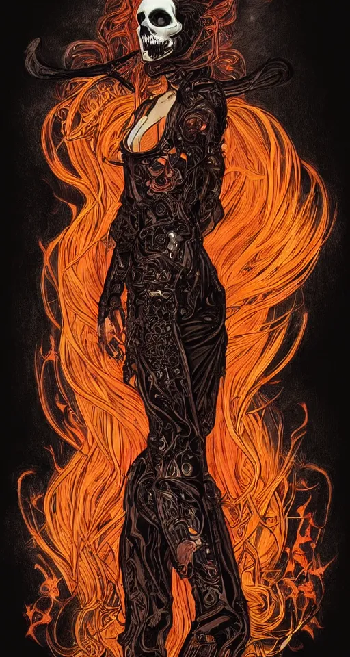 Prompt: a finely detailed beautiful!!! feminine cyberpunk ghost rider with skull face and long flowing hair made of fire and flames, dressed in black leather, by Alphonse Mucha, designed by H.R. Giger, legendary masterpiece, stunning!, saturated colors, black background, full body portrait, zoomed out to show entire image, trending on ArtStation