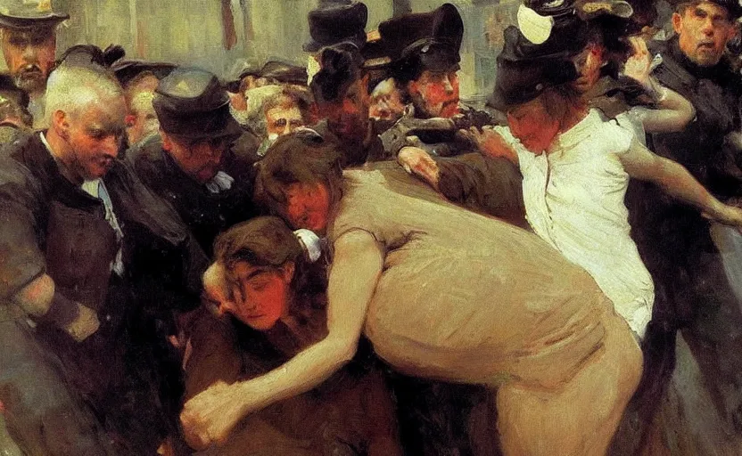 Prompt: high quality high detail painting by ilya repin, fbi arresting a woman, hd