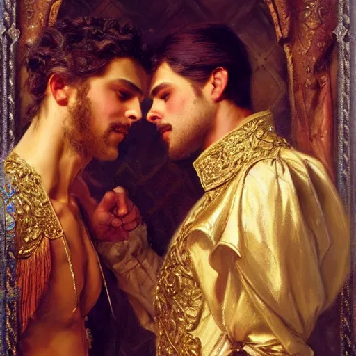 Prompt: attractive fully clothed king confesses his love for his attractive fully clothed male prince. highly detailed painting by gaston bussiere, craig muler, j. c. leyendecker 8 k