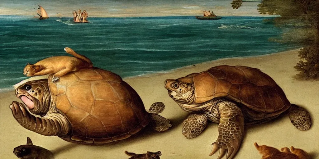 Image similar to renaissance painting of a cat on the beach playing with a turtle in the ocean