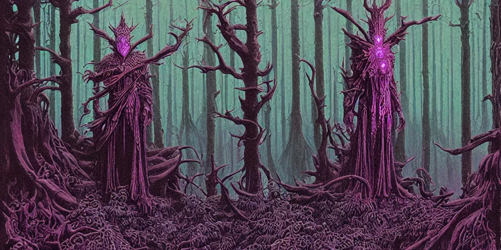 Image similar to grainy risograph matte painting of dark bejeweled huge botanical macabre paladin, atmospheric, densed forest, omnious, epic composition, by moebius, hyperrealism, intricate detailed