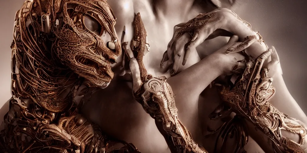 Image similar to hyper realistic photography of a stunningly beautiful cyborg female, elbow, thy, intimate, holding close, reflective chrome in the style of beth cavener, jin kagetsu,, and wlop, highly detailed, intricate filigree,, masterpiece, award winning, sharp focus, concept art, ringflash lighting, ambient lighting, octane render, 8 k, artstation