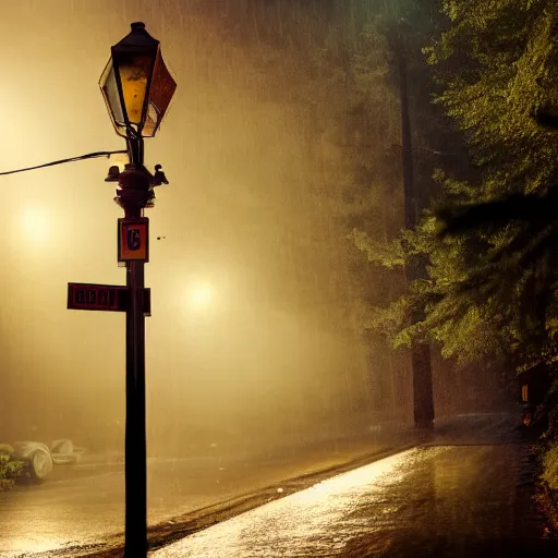 Prompt: photo a wet road surrounded by pine trees, wooden buildings on side of roads, neon signs on buildings, old fashioned gas lamps lining the road, beautiful photography, volumetric lighting, flickr, artstation, 8 k, moody lighting