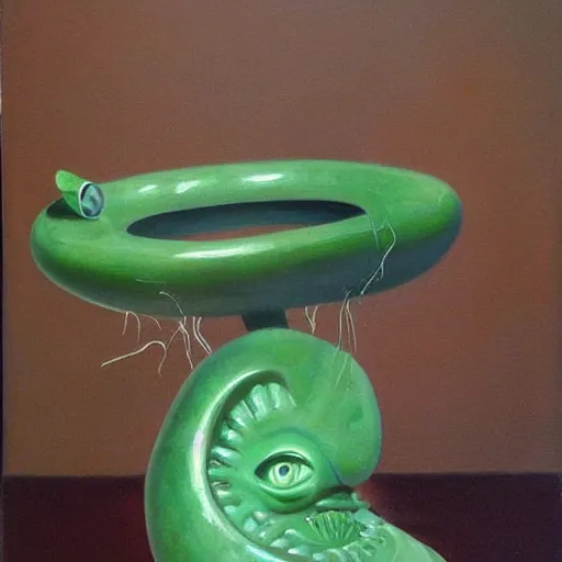 Prompt: A painting. A rip in spacetime. Did this device in her hand open a portal to another dimension or reality?! avant garde, jade sculpture by Neil Welliver