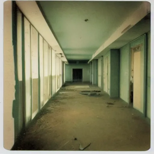 Image similar to polaroid coloured photo of a sanatorium with poltergeist paranormal activities