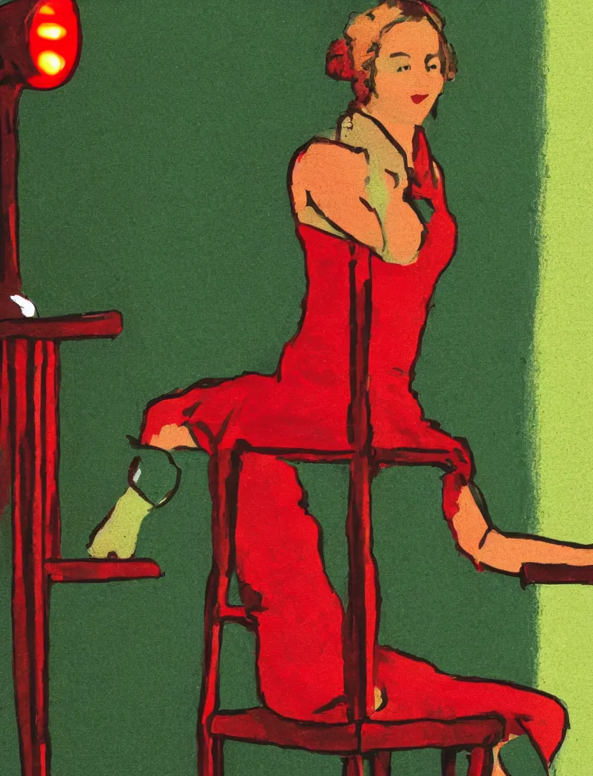 Image similar to A woman sitting on a stool reaching behind her with one hand. Close Shot. In the Style of Sir Matthew Smith. Green and Red light.