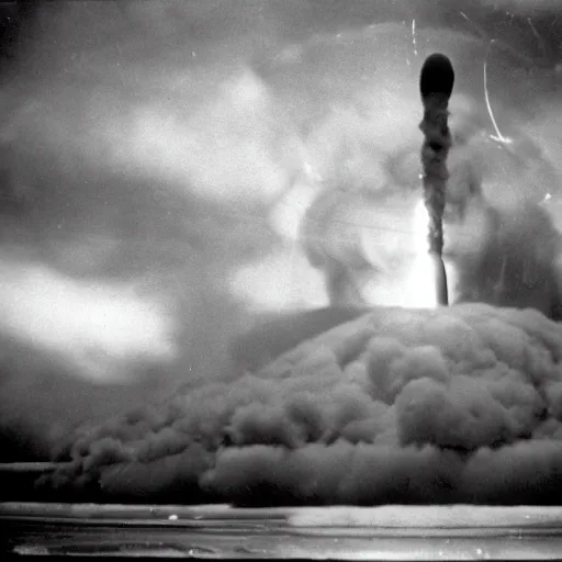 Prompt: Testing a nuke, 1940's photograph