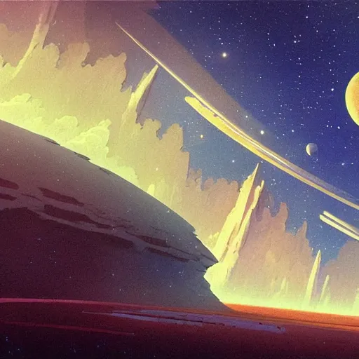 Image similar to sci - fi space landscape by studio ghibli, matte painting, high contrast