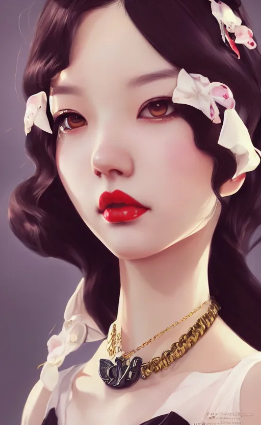 Image similar to a pin up and beautiful fashion charming dreamlke korea girl with lv jewelry, character art, art by artgerm lau and kyoung hwan kim and and ilya kuvshinov and john singer sargent, hyperdetailed, 8 k realistic, symmetrical, frostbite 3 engine, cryengine, dof, trending on artstation, digital art