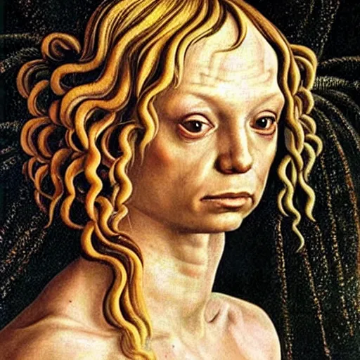 Prompt: brittney spears as gollum, elegant portrait by sandro botticelli, detailed, symmetrical, intricate