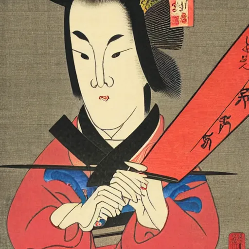 Prompt: a lady with sinister eyes holding a knife with blood on it, ukio-e style,