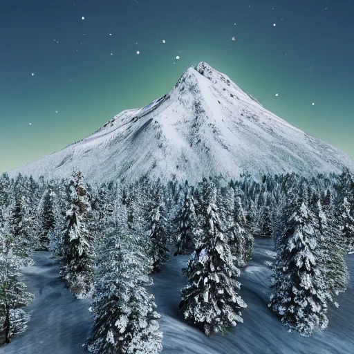 Image similar to A beautiful, snow-covered mountain, with a majestic peak, surrounded by evergreen trees, and a cold, clear sky overhead, trending on artstation, artstationHD, artstationHQ, photorealistic imagery, 3D art, 4k, 8k