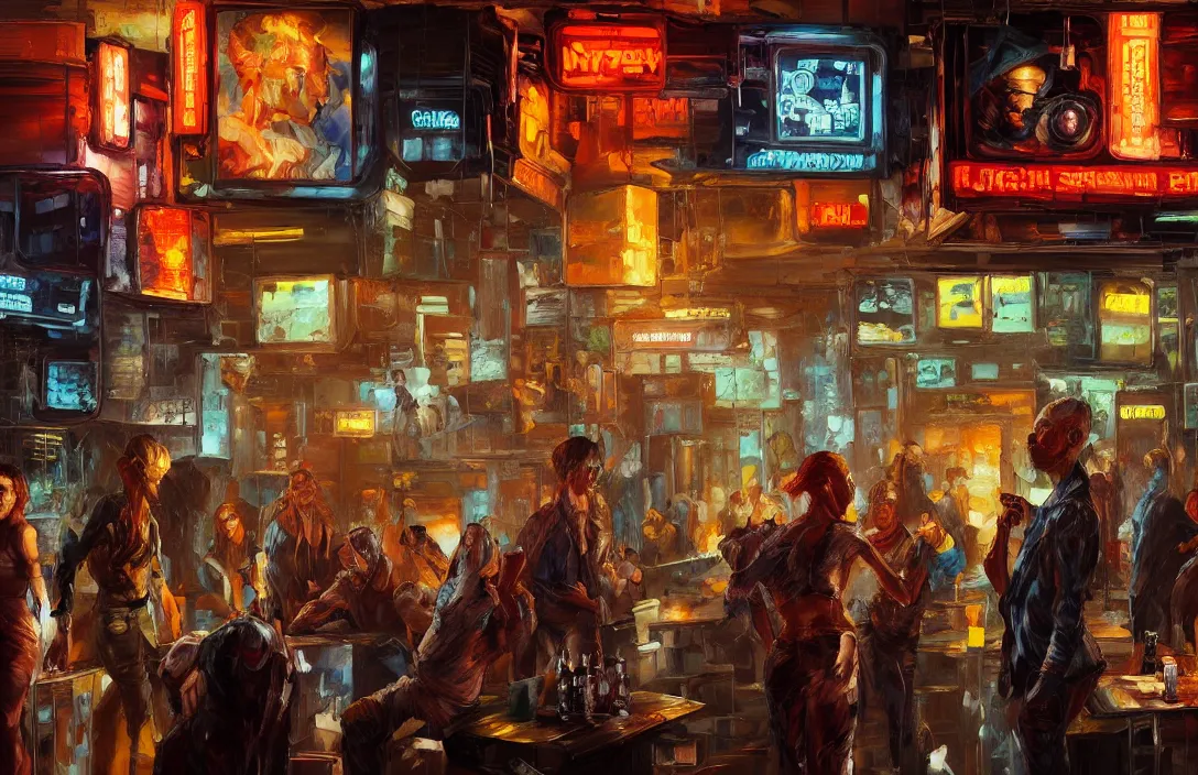 Prompt: highly detailed expressionist oil painting of cyberpunk bar full of people, detailed faces, expressive, impasto, pastel shades, rough canvas textured, dynamic pose, top lighting, loose brush strokes, perfect face, hyper detailed face, digital painting, artstation, concept art, hyper detailed eyes, art by sam spratt and peter mohrbacher and james jean