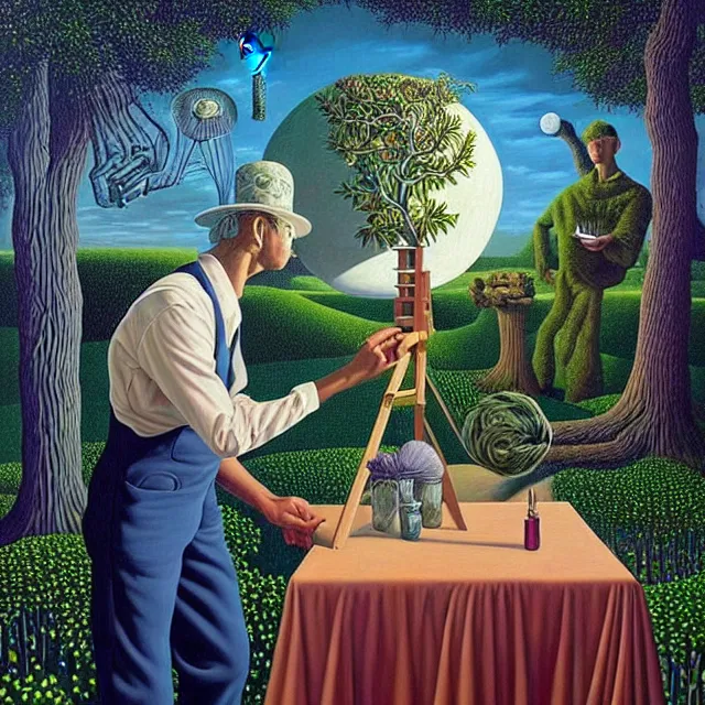 Image similar to an oil on canvas portrait of a man painting a portrait of a beautiful woman in the garden, surrealism, surrealist, lovecraftian, cosmic horror, rob gonsalves, high detail