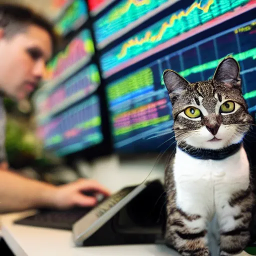 Image similar to photo of anthropomorphic cat trading stocks