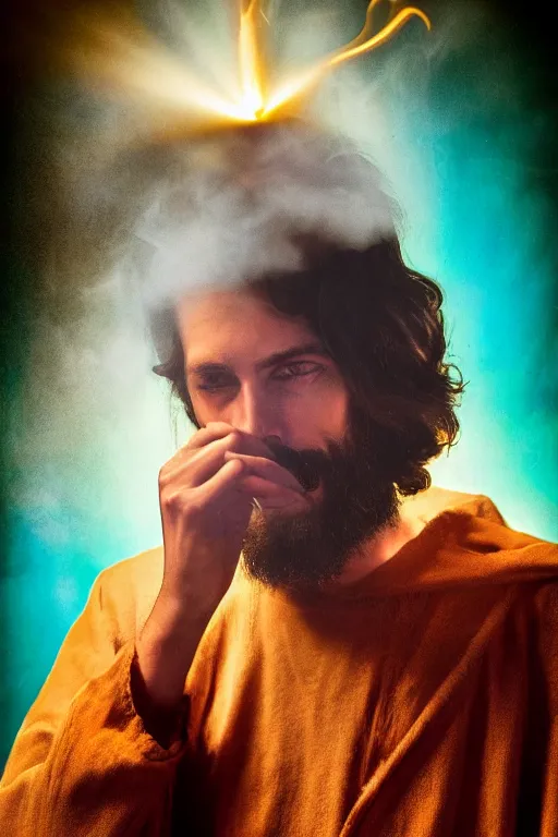 Image similar to portrait photography, jesus smoking a blunt, colorful, drmatic lighting