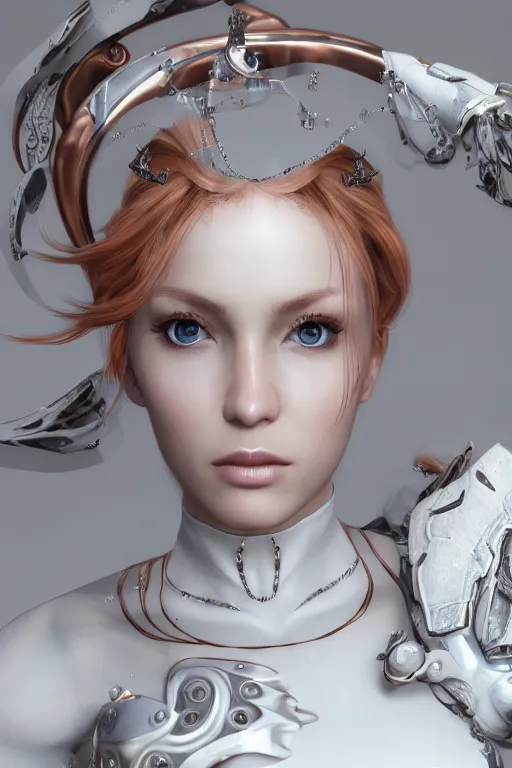 Image similar to white cyborg fashion shot, copper spiral hair decorations, white elegant baroque design, pretty face, photorealistic, 8k, hyper detailed, unreal engine, trending on artstation,