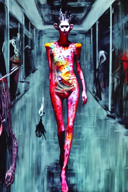 Image similar to crazy fashion catwalk, one model, crazy clothes, biopunk style, horror, clothes look like slime, hauntingly surreal, highly detailed painting by francis bacon, edward hopper, adrian ghenie, gerhard richter, and james jean soft light 4 k,