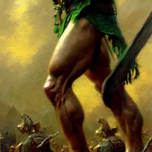 Image similar to young warrior marching, male, muscular, green eyes!!!!, straight nose!!!!!, beard, detailed face, thighs!!!!! gorgeous, amazing, muscular, intricate, highly detailed, painting by Gaston Bussiere, Craig Mullins