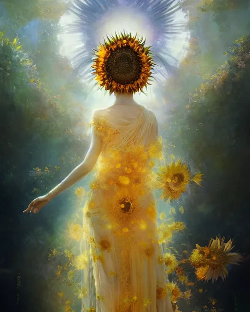 Image similar to Full View Portrait Mystical ethereal sunflower deity wearing beautiful dress, sunflower Dryad beautiful dress, 4k digital masterpiece by Greg Rutkowski and Ruan Jia and rossdraws, Alberto Seveso, fantasycore, Hyperdetailed, realistic oil on linen, soft lighting, Iconography background, featured on Artstation