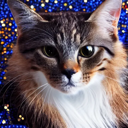 Image similar to a high - quality photo of a stylish cat wearing a sequined designer cloak, hyperrealistic, textured, animal portrait, dark ( ( royal blue ) ), bokeh, f 2. 8
