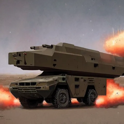 Image similar to m 1 4 2 high mobility artillery rocket system ( himars ) realistic, art by and greg rutkowski, trending on artstation, symmetry