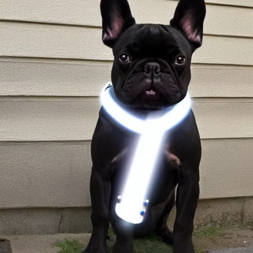 Prompt: black French Bulldog Jedi with lightsaber