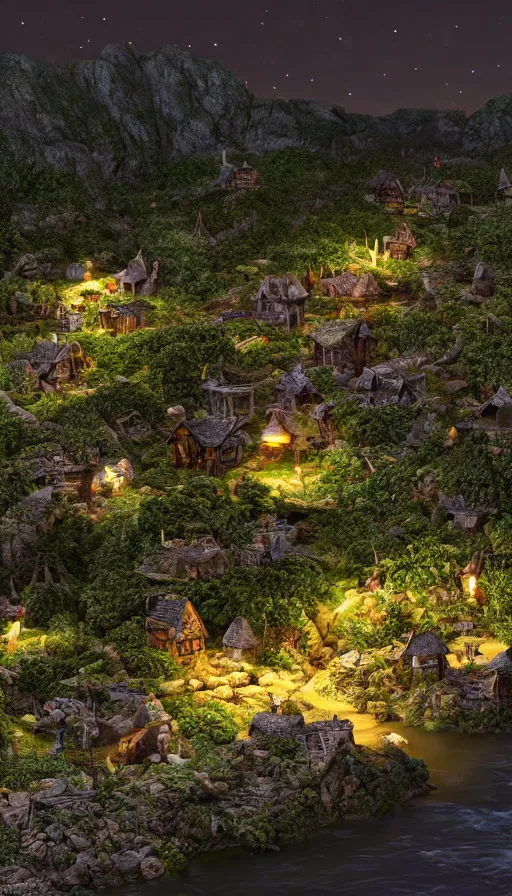 Prompt: a ground photo of a goblin village near a river at night, photorealistic, 8k, high detail, high quality, dramatic lighting, HDR