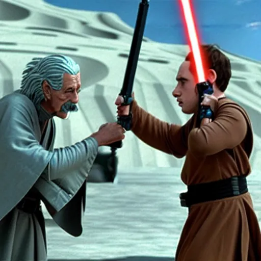 Prompt: a still from star wars : the phantom menace, showing albert einstein!!! as a jedi, having a lightsaber duel with darth maul