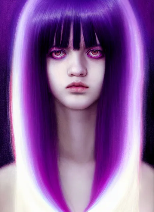 Image similar to hair whitebangs hair, black hair, whitebangs, portrait of teenage girl with white bangs, red irises, purple clothes, white bangs, bangs are different color from hair, intricate, elegant, glowing lights, highly detailed, digital painting, artstation, concept art, smooth, sharp focus, illustration, art by wlop, mars ravelo and greg rutkowski