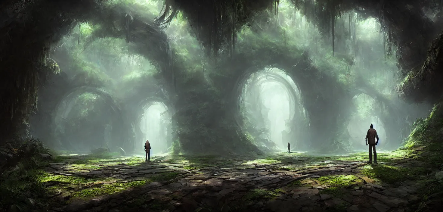 Prompt: a man standing in a tunnel in the middle of a forest, a matte painting by stephan martiniere, featured on cgsociety, fantasy art, matte painting, unreal engine 5, tesseract