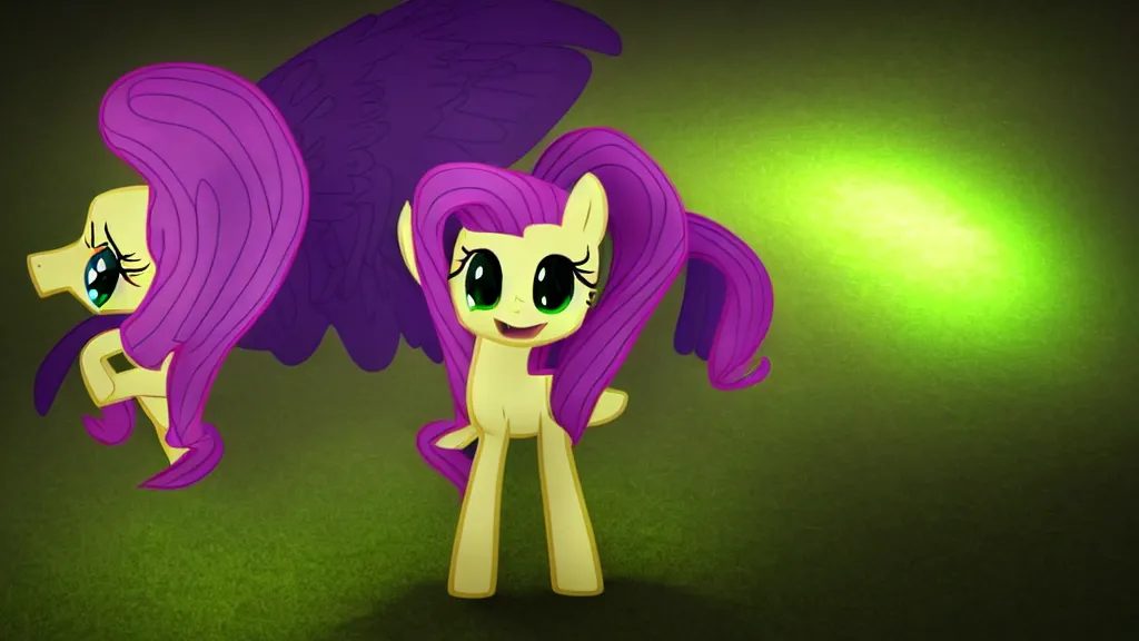 Prompt: 3D Fluttershy from My Little Pony as a necromancer, standing over a dead pony, bright green swirls coming up around her, glowing aura, pitch black background, dramatic and colorful lighting, she is surrounded by green chibi glowing skulls, smoke all around, unrealengine, 4k, HDR