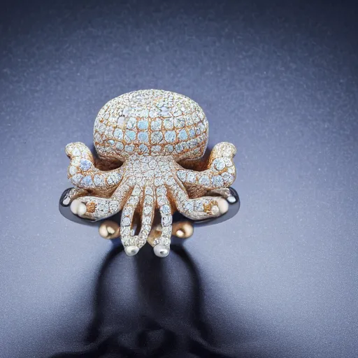 Prompt: hd photo of a octopus ring with diamonds and pearls