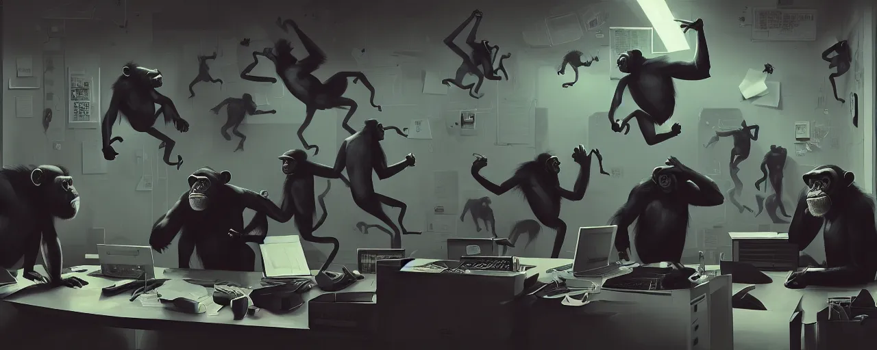 Image similar to duotone noir concept illustration of group wild and crazy chimps ruining inside of modern office computer rooms, octane render, concept hideo kojima surreal atmosphere, volumentric lighting. cosmic horror. accidental renaissance. by sachin teng and sergey kolesov and ruan jia and heng z. graffiti art, scifi, fantasy, hyper detailed. trending on artstation