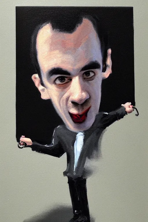 Image similar to dark painting by jon hale of nathan fielder holding puppet strings, ominous, shadowy, masterminding, paint streaks, action lines!!!, visible texture, blurry, blurred