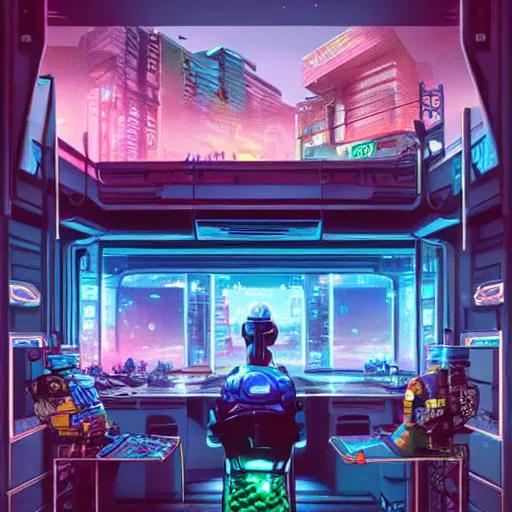 Image similar to Lofi vaporwave sci-fi cyberpunk epic video game room with large window looking out at overpopulated future city, Pixar style, Tristan Eaton, Stanley Artgerm, Tom Bagshaw