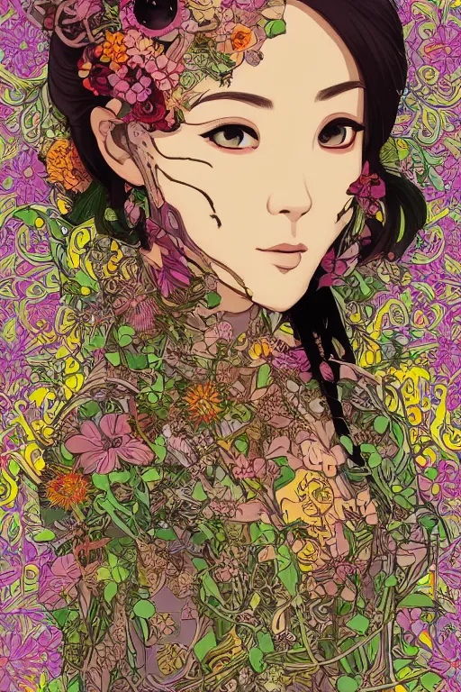 Image similar to beautiful floralpunk cyborg portrait girl female illustration detailed patterns art of bali traditional dress, flower pop art, floral splash painting, art by geof darrow, ashley wood, alphonse mucha, makoto shinkai